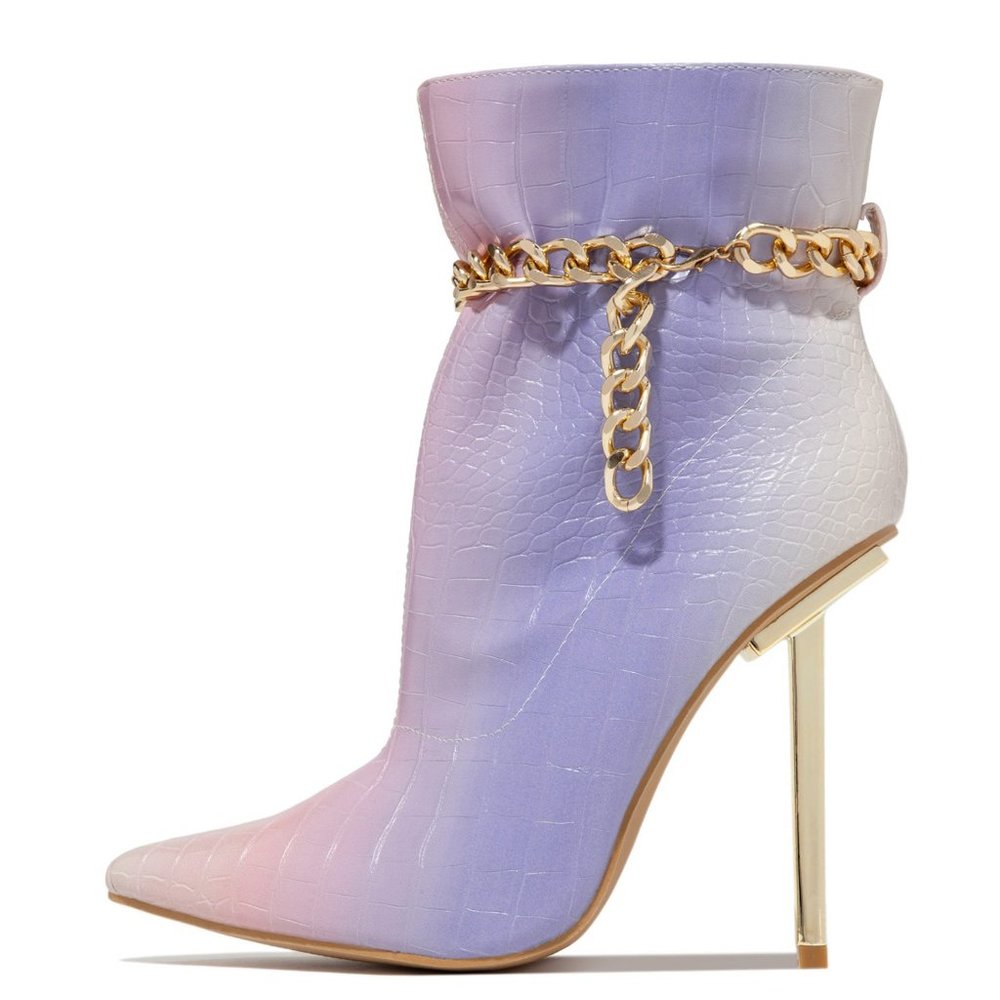 NEW🔥Embossed Multi-Color Pointy Toe Ankle Booties Boot Gold Chain Stiletto Heel - Picture 4 of 7